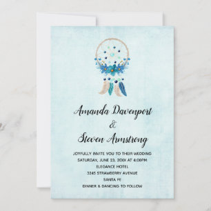 Invitation Bleu Dreamcatcher avec Mariage Fleurs & Plumes