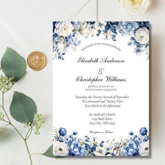 Invitation Bleu Duché Blanc Élégant Mariage d'aquarelle flora (Dusty blue white watercolor Floral wedding invitation. Printed or Digital Download)