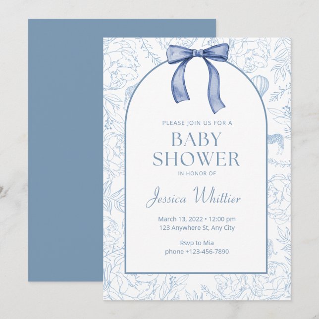 Invitation Bleu Duché Élégant Baby shower Floral (Devant / Derrière)