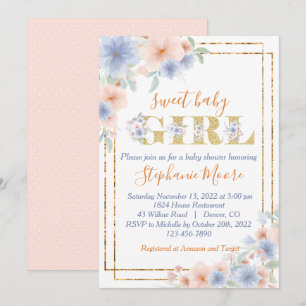 Invitation Bleu Duché et Baby shower Floral de Pêche