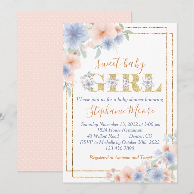 Invitation Bleu Duché et Baby shower Floral de Pêche (Devant / Derrière)