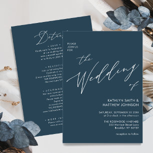 Invitation Bleu Dusté Script Moderne Tout en un Mariage simpl