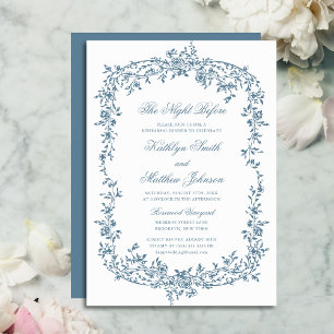 Invitation Bleu Dusté Vintage Floral Script La Nuit Avant