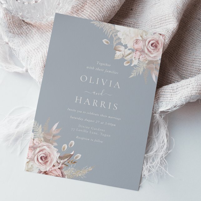 Invitation Bleu, Dusty Bleu & Ivoire Élégant Mariage floral (Créateur téléchargé)