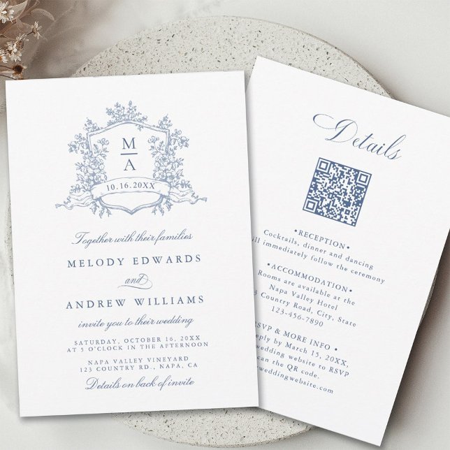 Invitation Bleu Dusty classique Cimier Floral Mariage tout en (Front & Back)