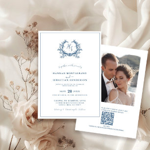 Invitation Bleu Dusty Crest Crest QR Code Mariage Photo
