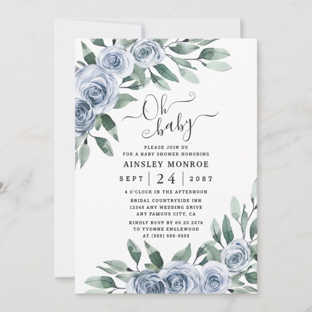 Invitation Bleu Dusty Elegant Floral Boho Baby shower rustiqu (Devant)