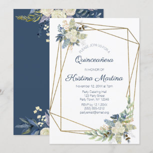 Invitation Bleu Dusty et crème Floral Quinceañera Anniversair
