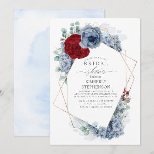 Invitation Bleu Dusty et Fête des mariées florale rouge Bourg