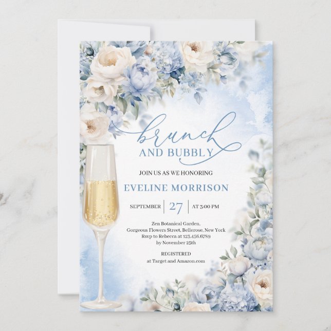 Invitation Bleu Dusty et Fleurs d'ivoire brunch et mousseux (Devant)