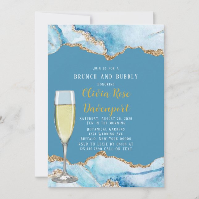 Invitation Bleu Dusty et Gold Agate Brunch et Bubbly (Devant)