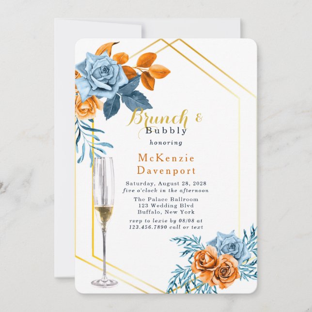 Invitation Bleu Dusty et pivoine rouille Brunch floral et Bub (Devant)