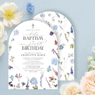 Invitation Bleu Dusty Fleur sauvage Saint Baptême & 1er Anniv