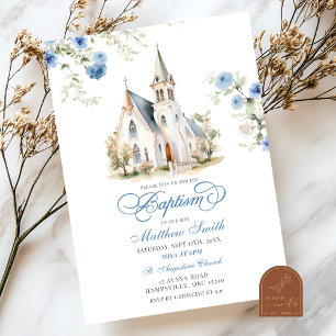 Invitation Bleu Dusty Floral Classic Church Baptême