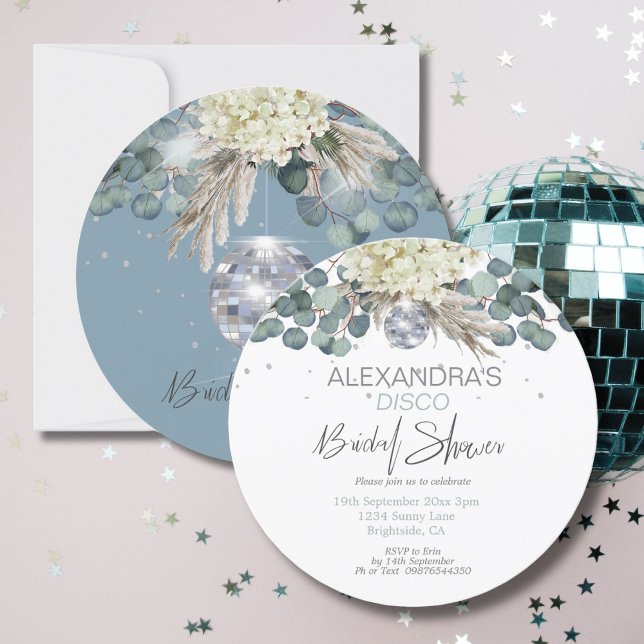 Invitation Bleu Dusty Floral Disco Ball Fête des mariées rond (Créateur téléchargé)