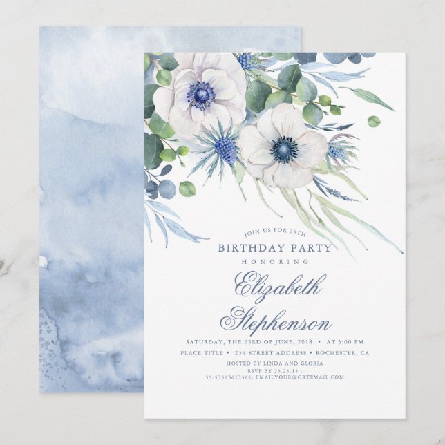 Invitation Bleu Dusty Floral verdure Élégant Anniversaire (Devant / Derrière)