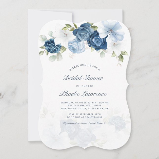 Invitation Bleu Dusty Floral verdure Fête des mariées botaniq (Devant)