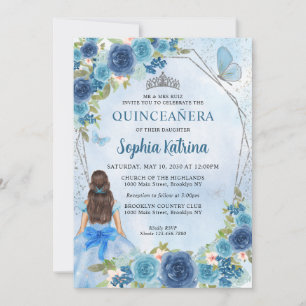 Invitation Bleu Dusty Glam Floral Princess Quinceañera