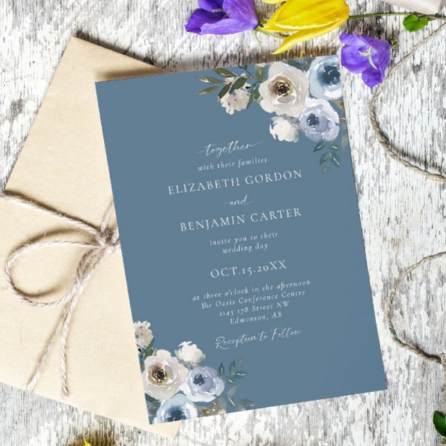 Invitation Bleu Dusty Mariage Floral Élégant Script Rustique (Créateur téléchargé)