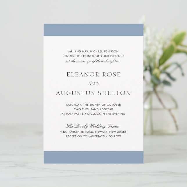 Invitation Bleu Dusty Minimal Moderne Mariage élégant (Debout devant)