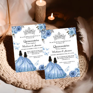 Invitation Bleu Dusty Papillon Floral Twin Girl Quinceanera