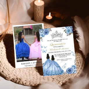 Invitation Bleu Dusty Papillon Floral Twin Girl Quinceanera