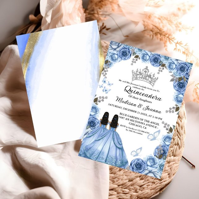 Invitation Bleu Dusty Papillon Floral Twin Girl Quinceanera (Créateur téléchargé)