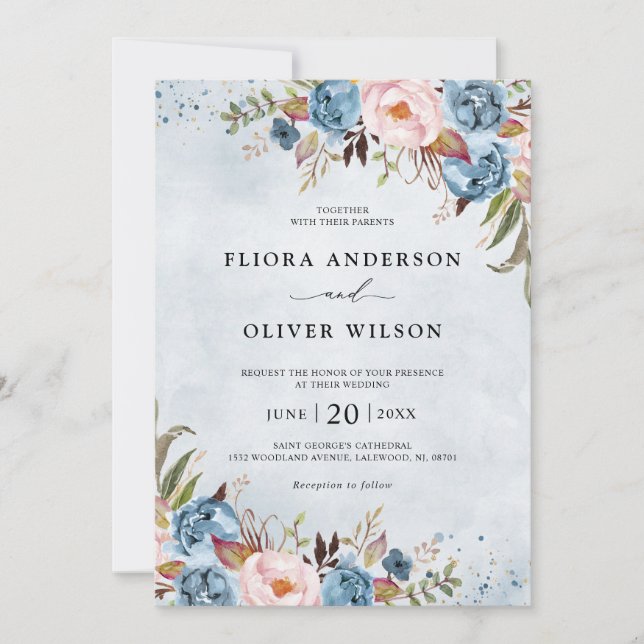 Invitation Bleu Dusty Peach Blush Botanical Floral Mariage (Devant)