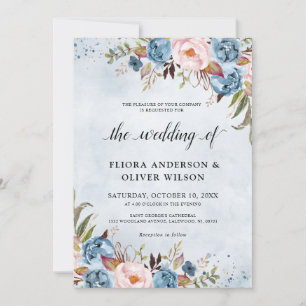 Invitation Bleu Dusty Pêche Blush Botanique Floral Mariage Da