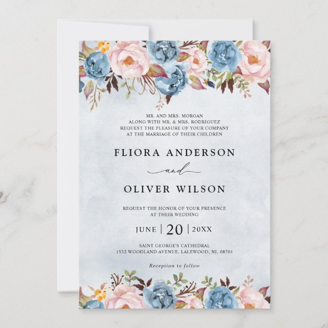 Invitation Bleu Dusty Pêche Blush Botanique Floral Mariage Da (Devant)
