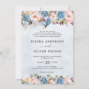 Invitation Bleu Dusty Pêche Blush Botanique Floral Mariage Da