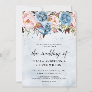 Invitation Bleu Dusty Pêche Blush Botanique Floral Mariage Da