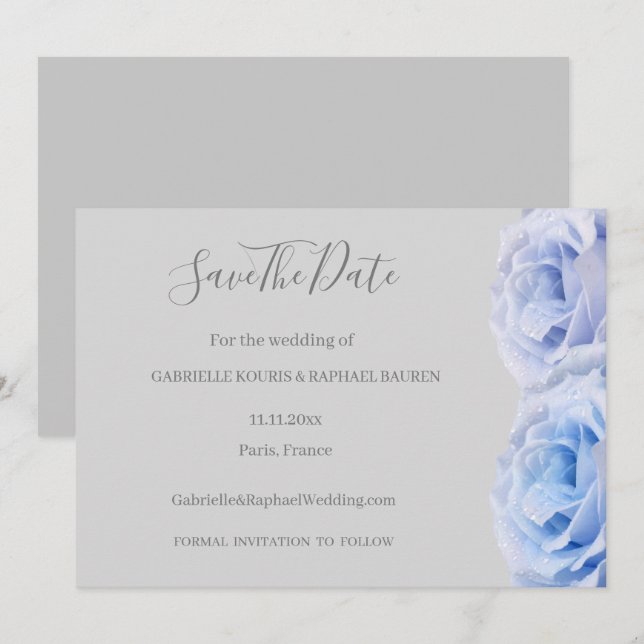 Invitation Bleu Dusty Rose Gris Floral Enregistrer la date Ma (Devant / Derrière)