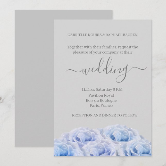 Invitation Bleu Dusty Roses gris clair Élégant Mariage floral (Devant / Derrière)