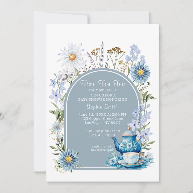Invitation Bleu Dusty Temps Pour Baby shower De Thé (Devant)