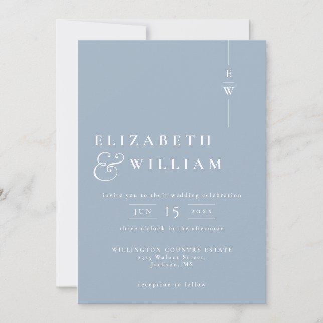 Invitation Bleu Dusty Tout en un Mariage Monogramme moderne (Devant)