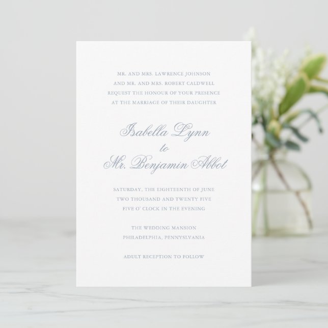 Invitation Bleu Dusty Traditionnel Mariage Élégant (Debout devant)