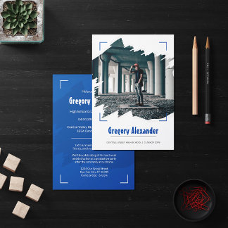 Invitation Bleu Edgy Abstrait Brushstroke Photo Graduation