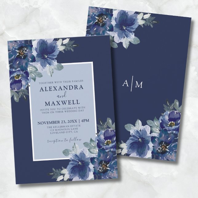 Invitation Bleu Elegant Botanique Aquarelle Mariage Floral (Blue Elegant Botanical Watercolor Floral Wedding Invitation)