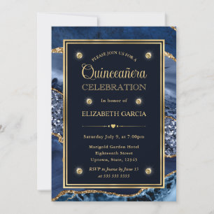 Invitation Bleu élégant et or pailleté Agate Quinceanera