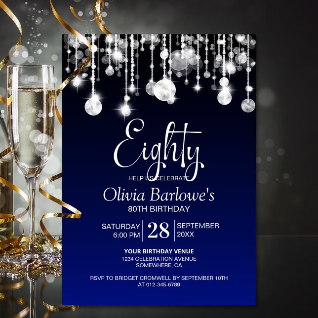 Invitation Bleu élégant fête d'anniversaire 80e (Créateur téléchargé)