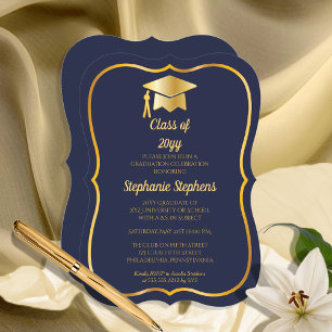 Invitation Bleu élégant   Gold Casquette Graduation Party