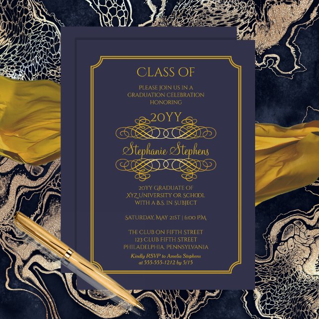 Invitation Bleu élégant | Gold College Graduation Party (Elegant Blue and Gold Tone College Graduation Party Invitation)