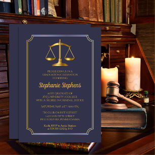 Invitation Bleu élégant   Gold Law Attorney Graduation Party