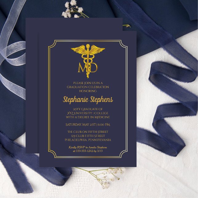 Invitation Bleu élégant | Gold MD Physician Graduation Party (Elegant Blue and Gold-Toned  "MD" Physician Formal Graduation Party Invitation)