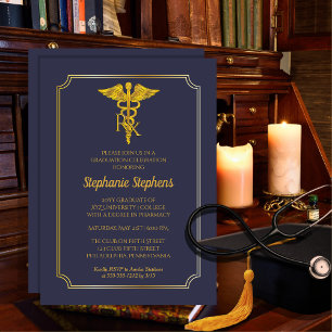 Invitation Bleu élégant Gold Rx Pharmacy Graduation Party