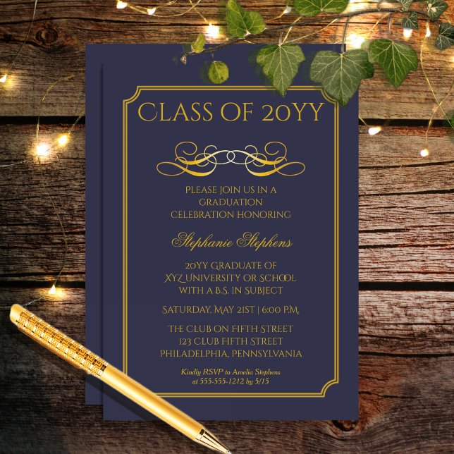 Invitation Bleu élégant | Gold University Graduation Party (Elegant Blue and Gold Tone College | University Achiever Graduation Party Invitation)