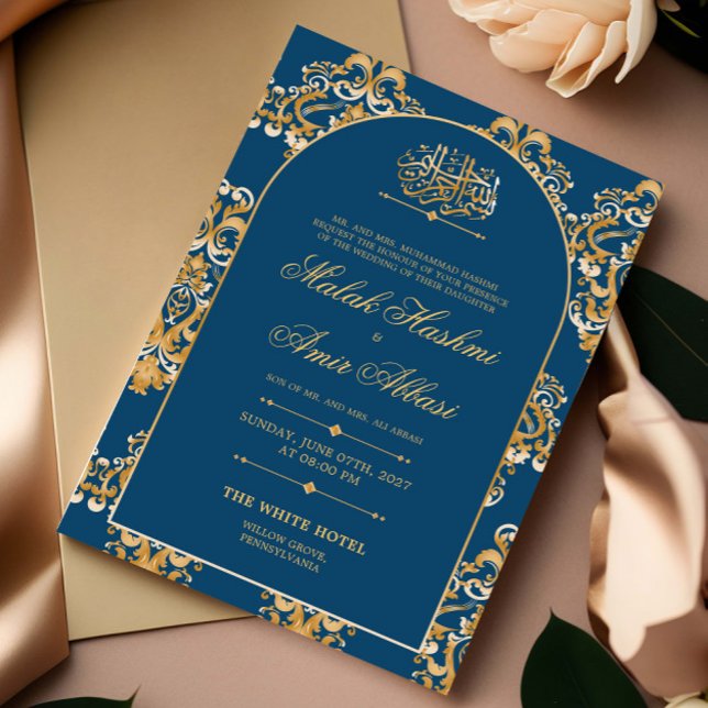 Invitation Bleu Elegant Motif Or musulman musulman Mariage (Créateur téléchargé)