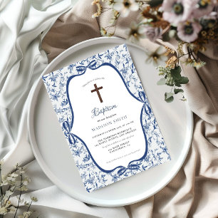 Invitation Bleu élégant Toile de jouy baptême