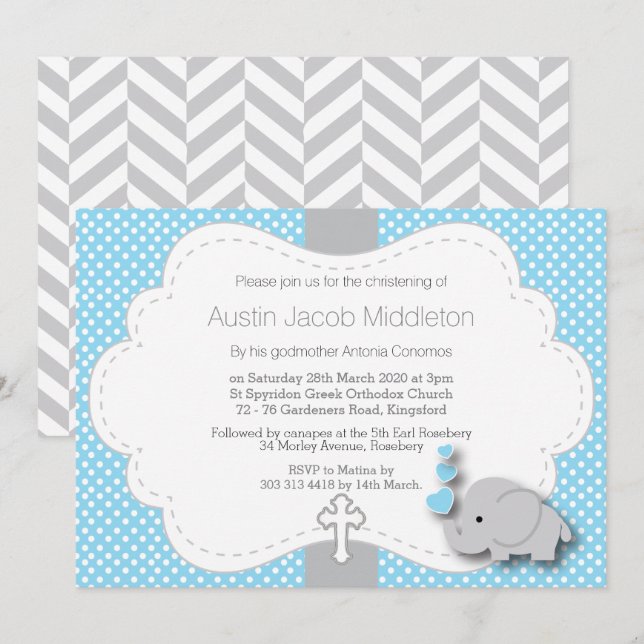 Invitation Bleu - Elephant 🐘 photo bébé - Christening (Devant / Derrière)